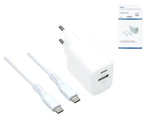 USB PD/QC 3.0 töltőadapter, C-C kábellel, fehér 20W, 3,6V~5,9V/3A; 6~9V/2A; 9V~12V/1,5A